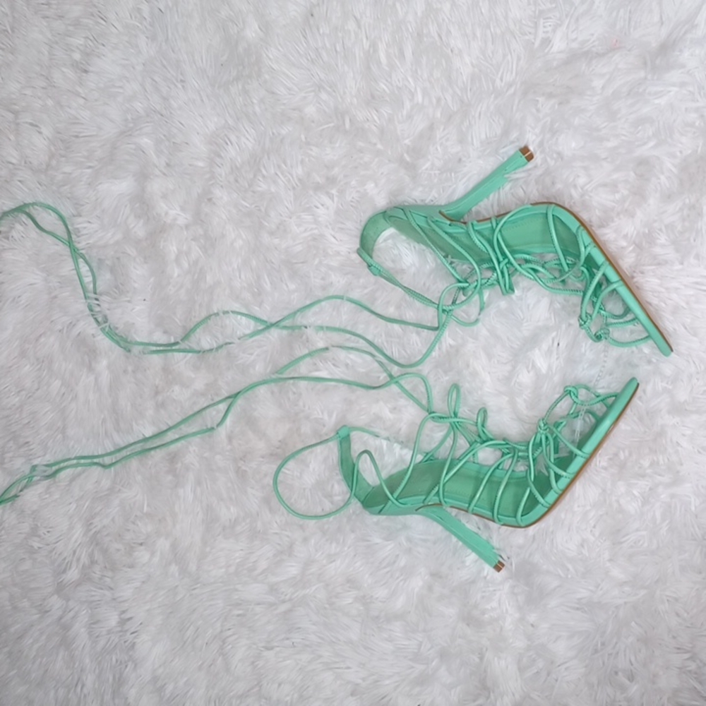 SCHUTZ Heyde Nappa Leather Heeled Strappy Lace Up Sandal Mint Green NEW Size 9.5 - Picture 6 of 10